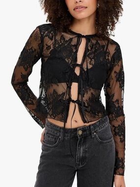 Bella Venice Sheer Black Lace Tie-Front Top